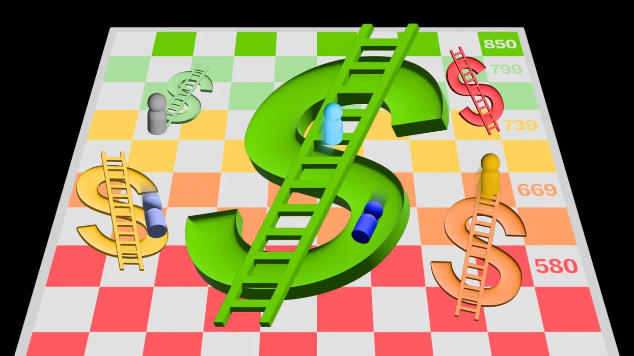 a shoots and ladders style game board with dollar signs on it